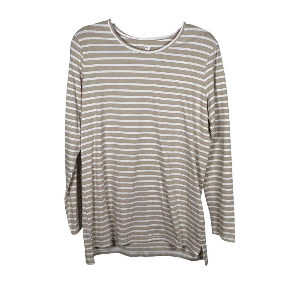 MarleyLilly Womens Beige White Striped Long Sleeve Tunic Top Size Large
